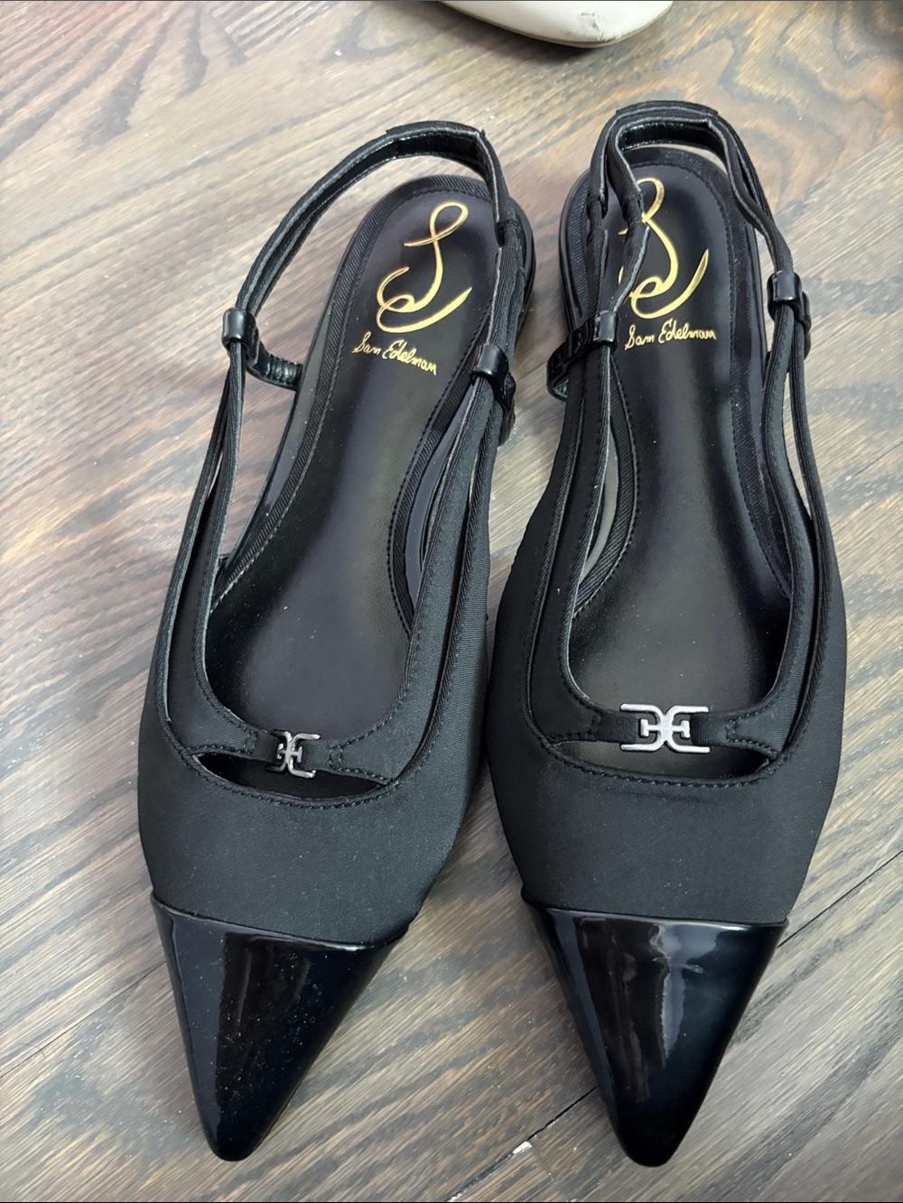 Sam Edelman Black Pointed Slingback Flats with Patent Toe